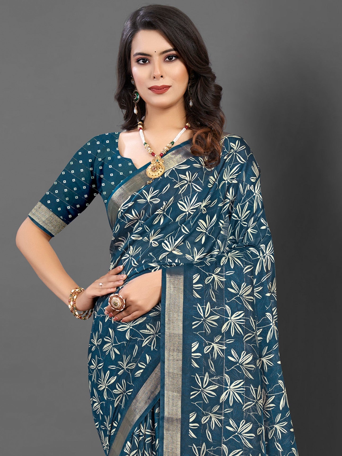 Women's Silk Blend Teal blue Printed Designer Saree With Blouse Piece
