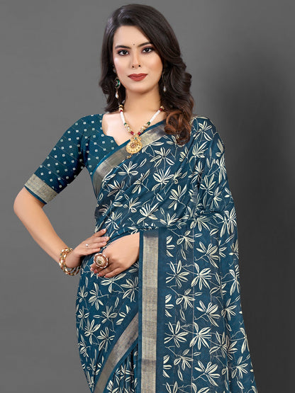 Women's Silk Blend Teal blue Printed Designer Saree With Blouse Piece
