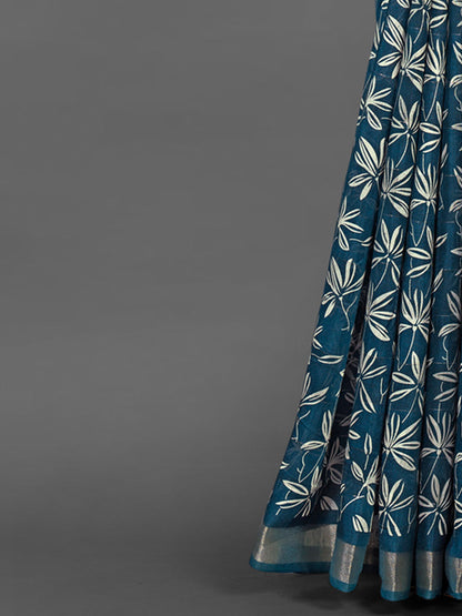 Women's Silk Blend Teal blue Printed Designer Saree With Blouse Piece