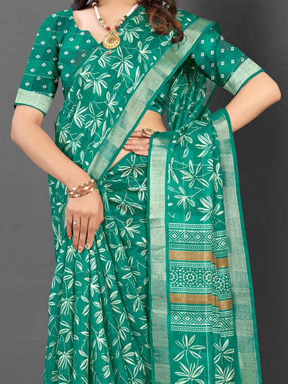 Women's Silk Blend Teal green Printed Designer Saree With Blouse Piece