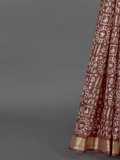 Women's Silk Blend Brown Printed Designer Saree With Blouse Piece