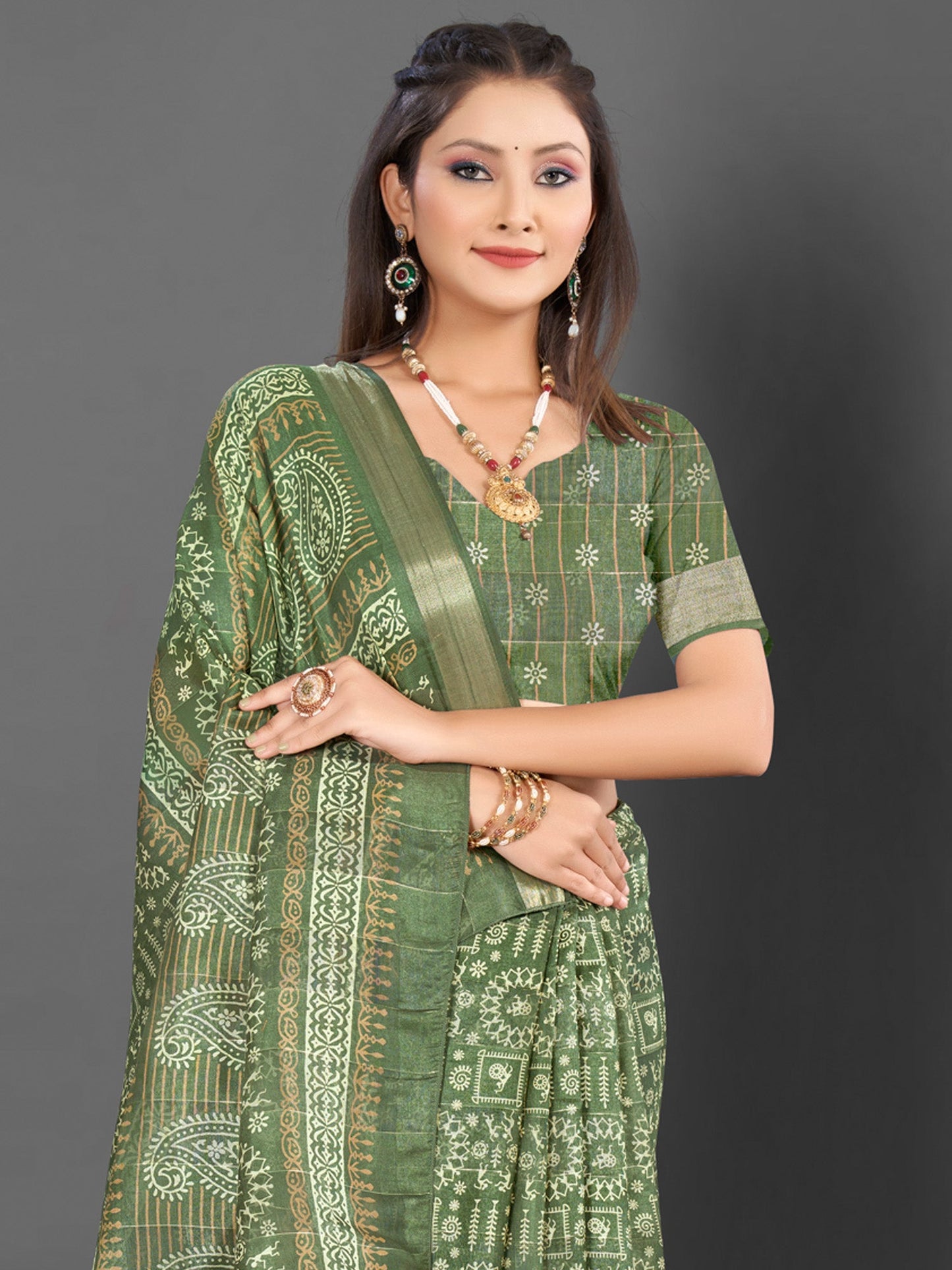 Women's Silk Blend Olive Printed Designer Saree With Blouse Piece