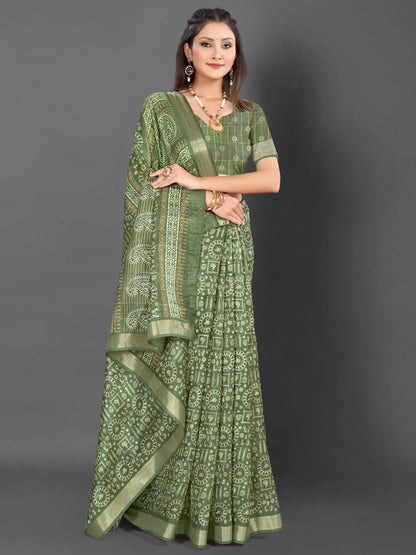 Women's Silk Blend Olive Printed Designer Saree With Blouse Piece