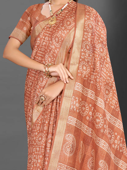 Women's Silk Blend Peach Printed Designer Saree With Blouse Piece