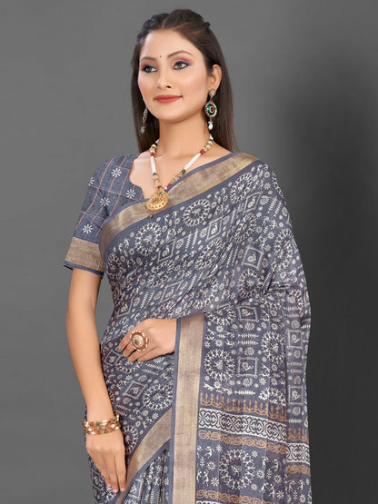 Women's Silk Blend Grey Printed Designer Saree With Blouse Piece