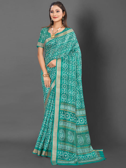 Women's Silk Blend Blue Printed Designer Saree With Blouse Piece