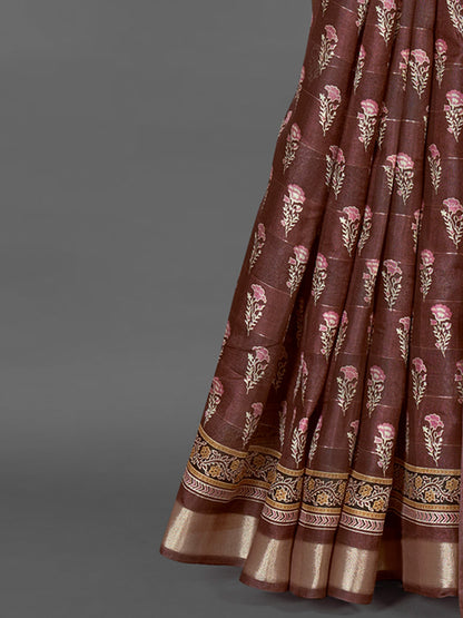 Women's Silk Blend Brown Printed Designer Saree With Blouse Piece