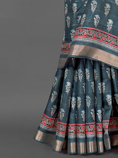Women's Silk Blend Grey Printed Designer Saree With Blouse Piece