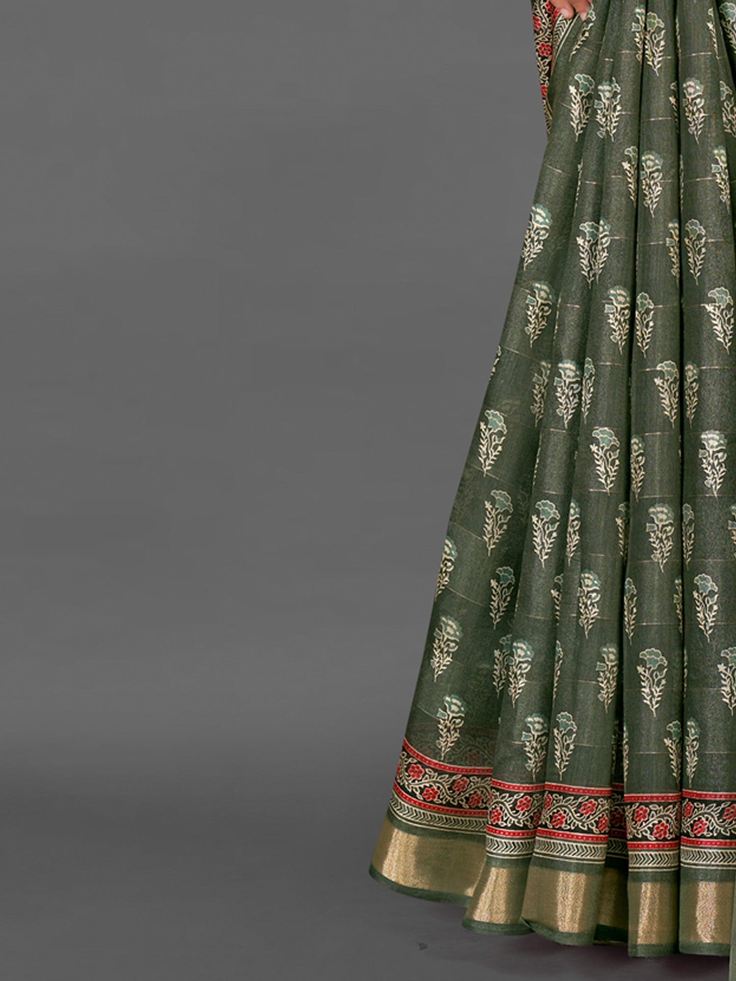 Women's Silk Blend Olive Printed Designer Saree With Blouse Piece