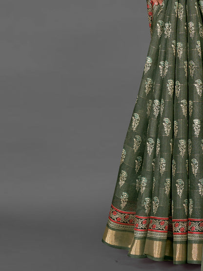 Women's Silk Blend Olive Printed Designer Saree With Blouse Piece