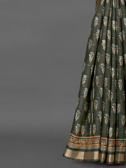 Women's Silk Blend Olive Printed Designer Saree With Blouse Piece