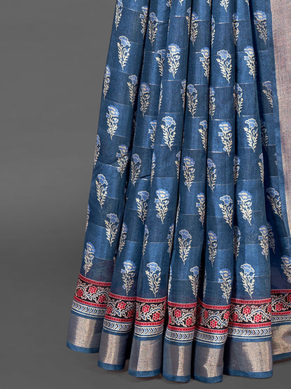 Women's Silk Blend Teal blue Printed Designer Saree With Blouse Piece