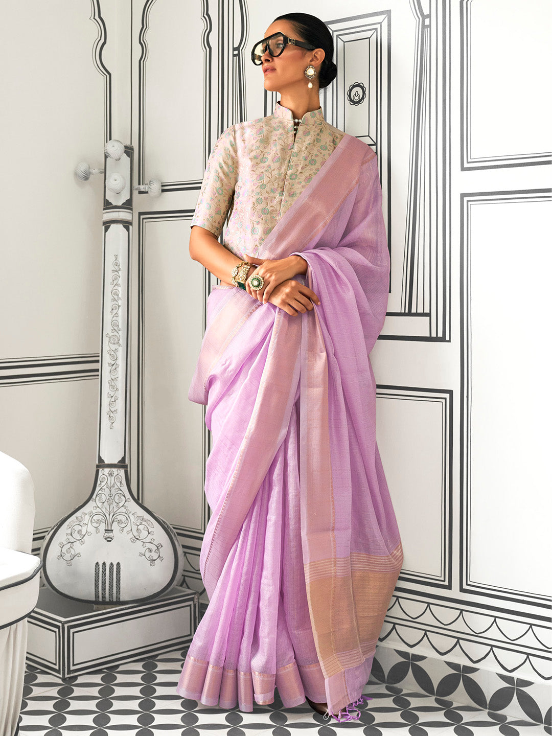 Women's Pure Chiffon Cream Woven Design Designer Saree With Blouse Piece
