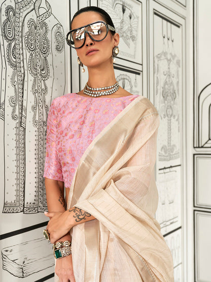 Women's Pure Chiffon Pink Woven Design Designer Saree With Blouse Piece