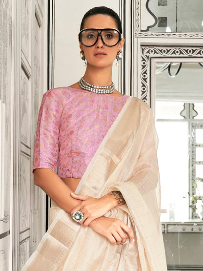 Women's Pure Chiffon Pink Woven Design Designer Saree With Blouse Piece