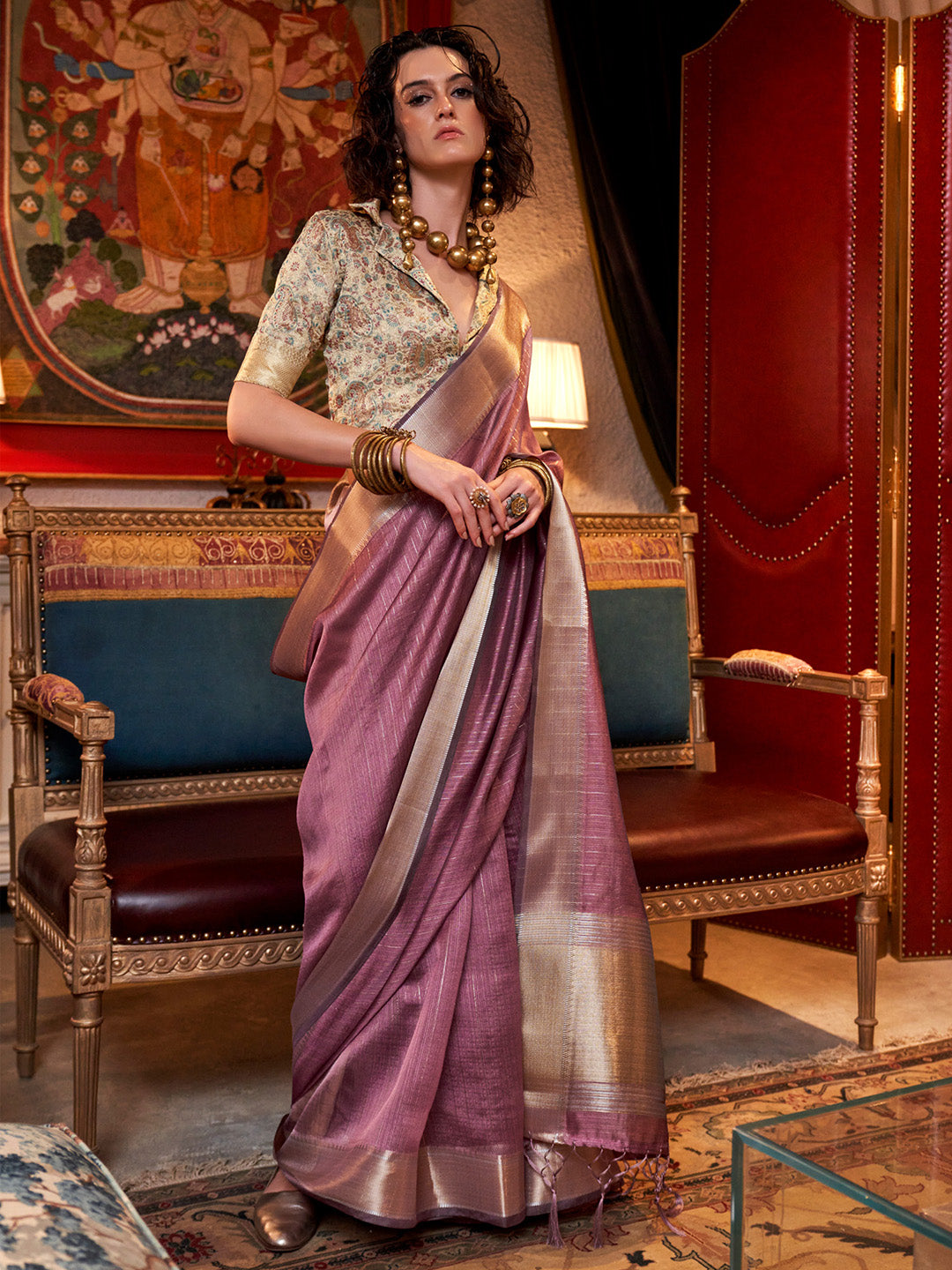 Women's Chiffon Cream Woven Design Designer Saree With Blouse Piece