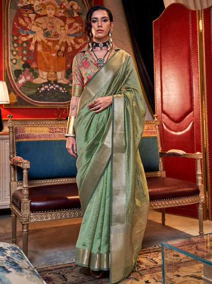 Women's Chiffon Light Green Woven Design Designer Saree With Blouse Piece