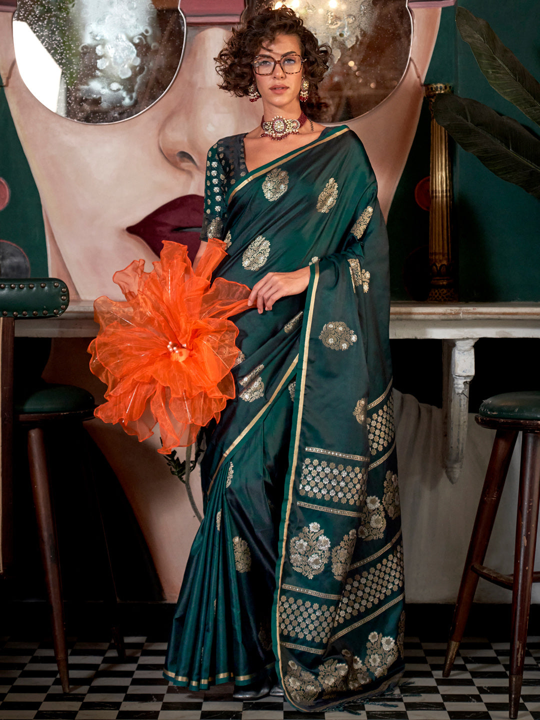 Women's Satin Silk Dark Green Woven Design Designer Saree With Blouse Piece