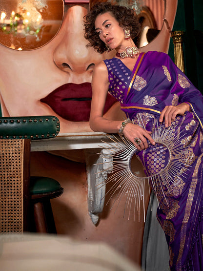 Women's Satin Silk Purple Woven Design Designer Saree With Blouse Piece