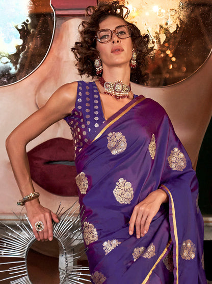 Women's Satin Silk Purple Woven Design Designer Saree With Blouse Piece