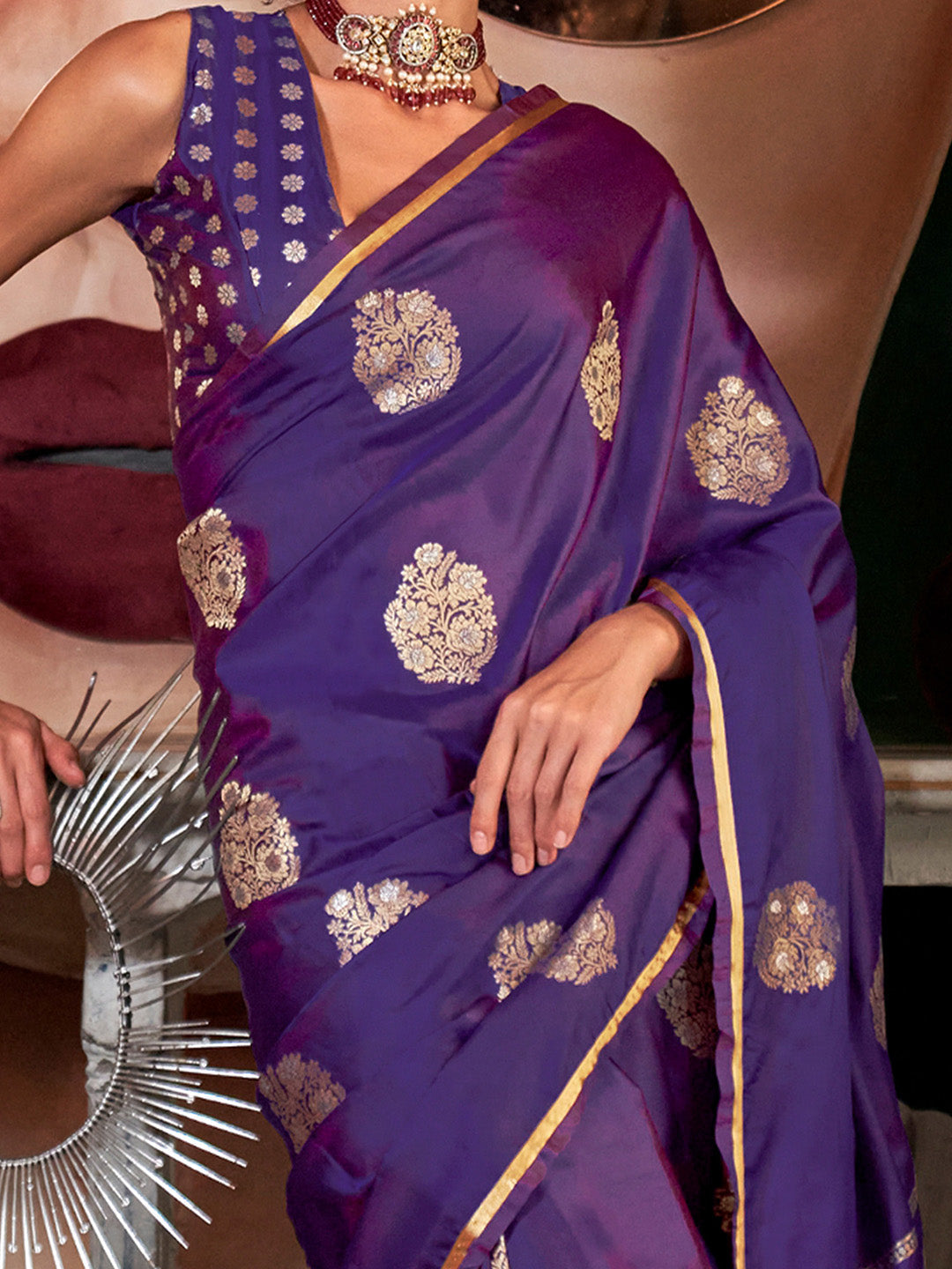 Women's Satin Silk Purple Woven Design Designer Saree With Blouse Piece