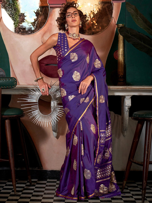 Women's Satin Silk Purple Woven Design Designer Saree With Blouse Piece