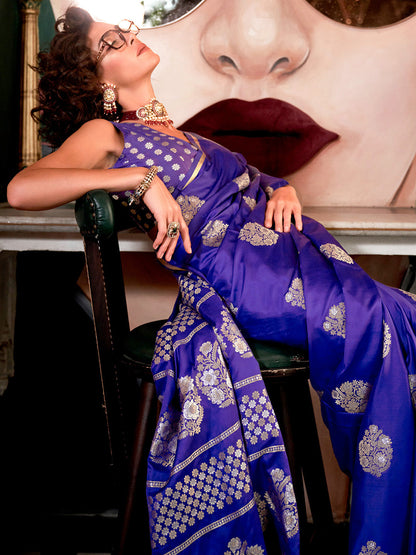 Women's Satin Silk Purple Woven Design Designer Saree With Blouse Piece