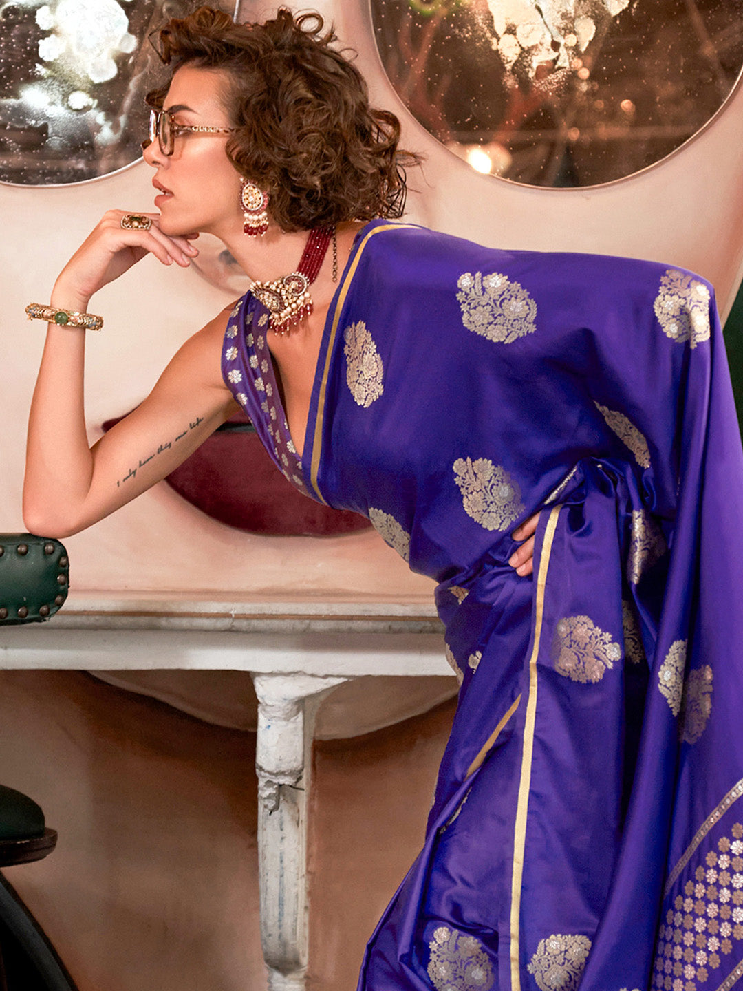 Women's Satin Silk Purple Woven Design Designer Saree With Blouse Piece