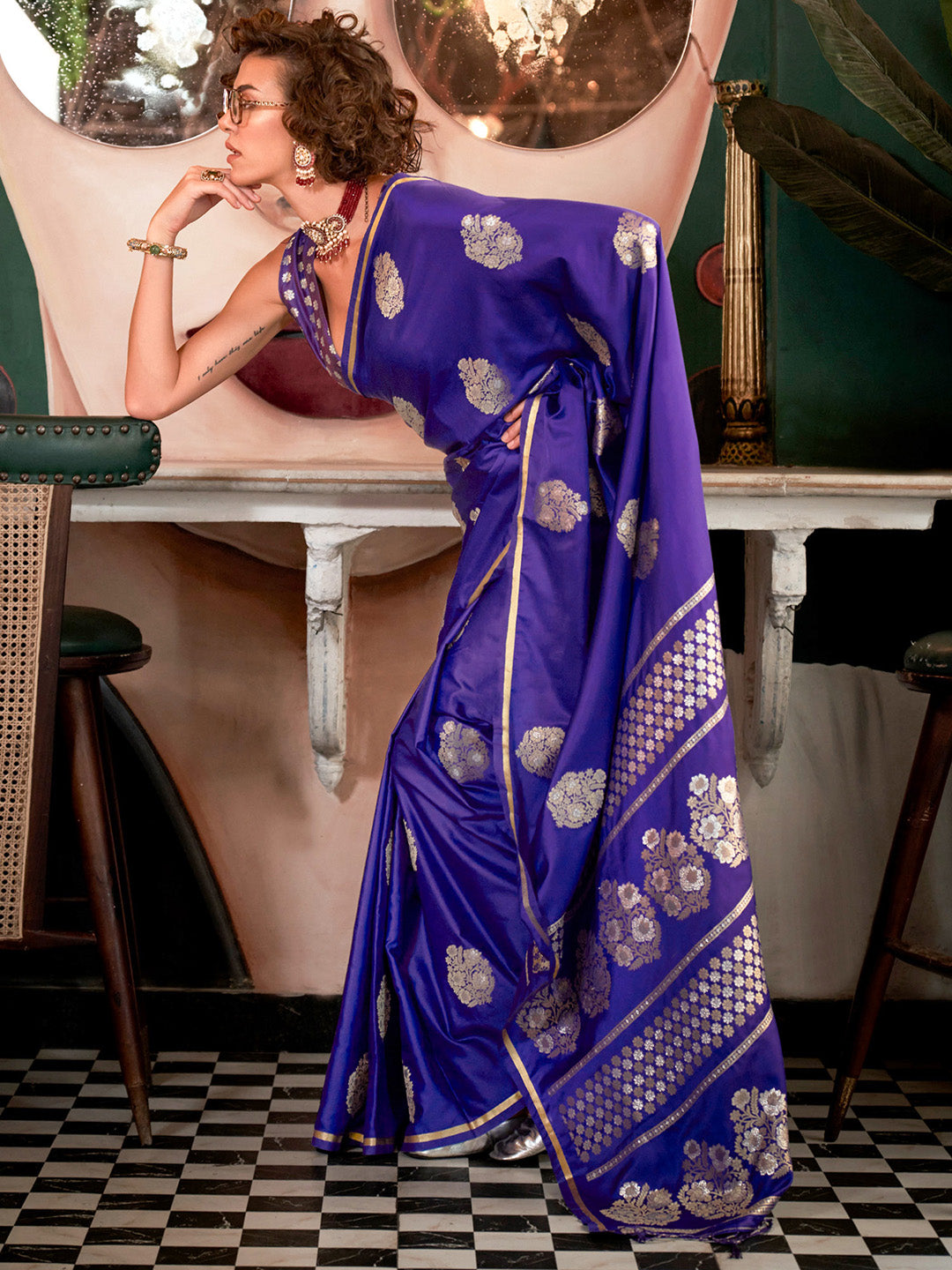 Women's Satin Silk Purple Woven Design Designer Saree With Blouse Piece