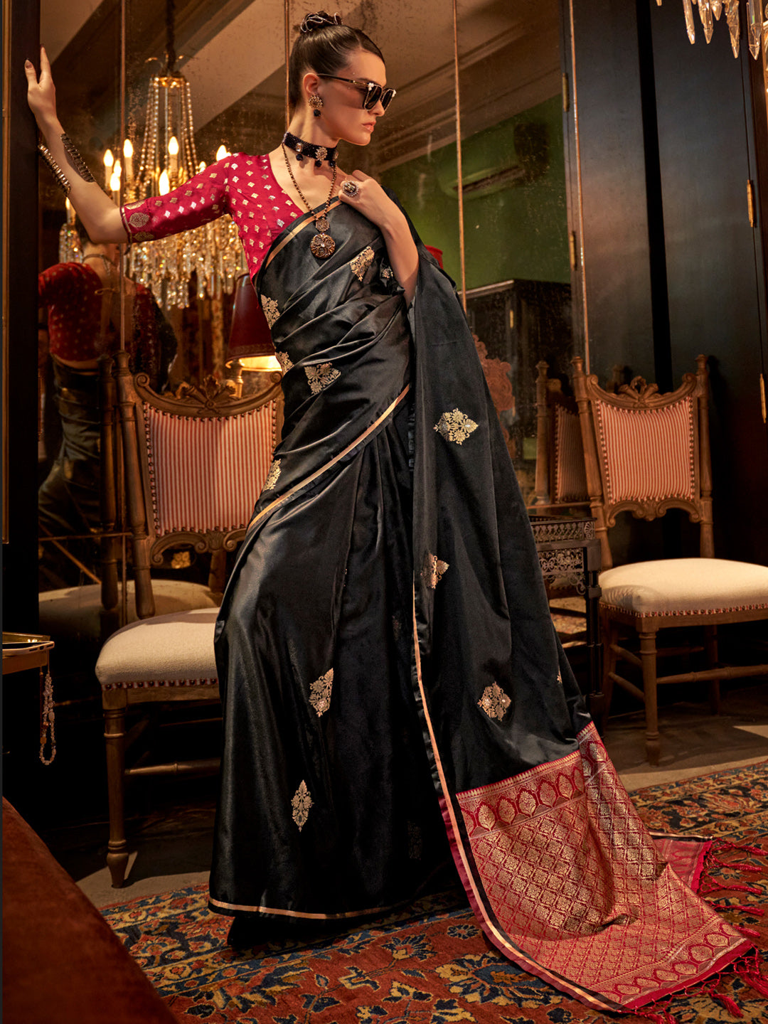 Women's Satin Silk Maroon Woven Design Designer Saree With Blouse Piece