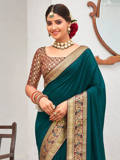 Women's Vichitra Silk Teal blue Embellished Designer Saree With Blouse Piece