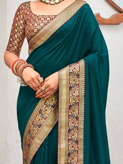 Women's Vichitra Silk Teal blue Embellished Designer Saree With Blouse Piece