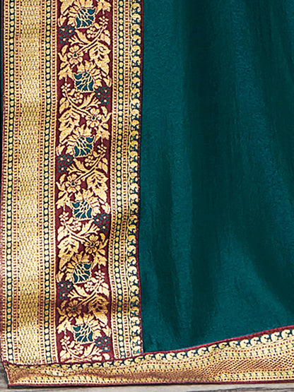 Women's Vichitra Silk Teal blue Embellished Designer Saree With Blouse Piece