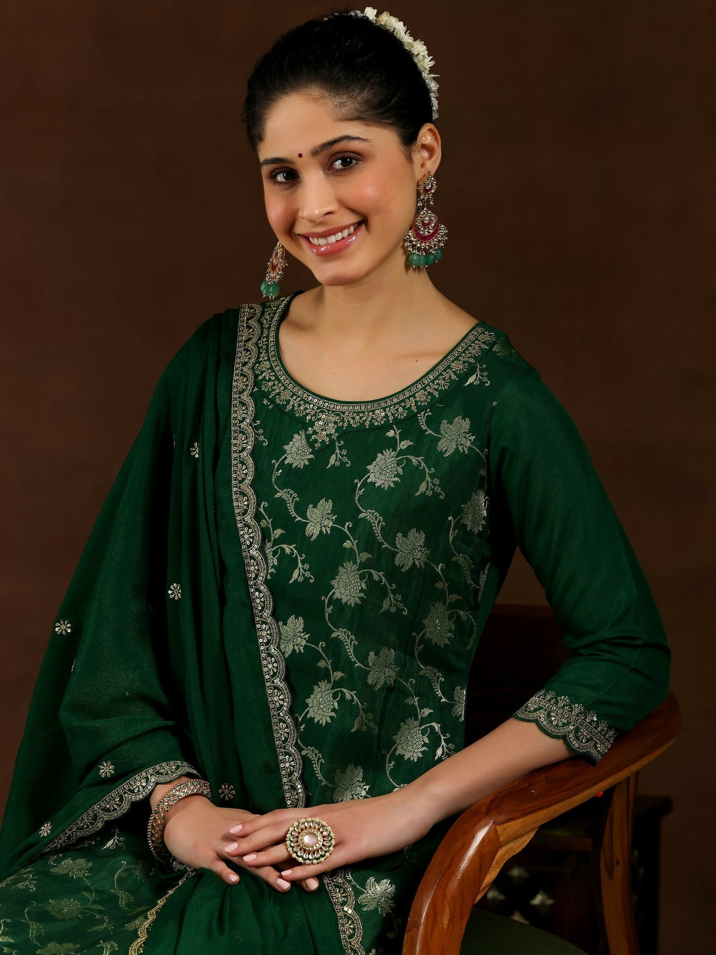 Women's LB Green Woven Design Silk Blend Straight Suit With Dupatta