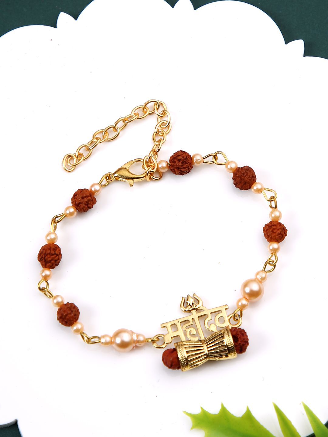 Dhiyona Brown Rudraksh & Pearl Beaded Bracelet Rakhi With Roli Chawal With Greeting Card