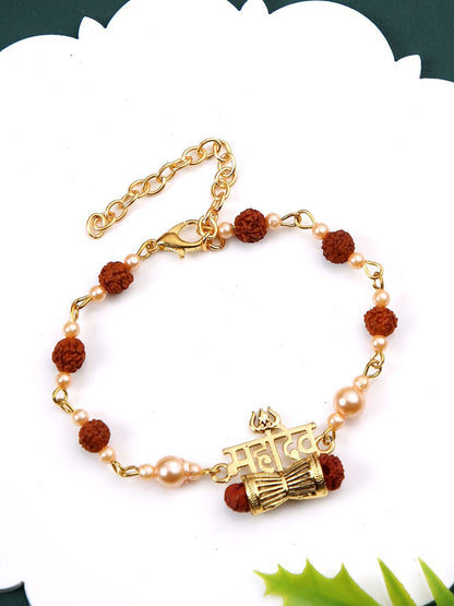 Dhiyona Brown Rudraksh & Pearl Beaded Bracelet Rakhi With Roli Chawal With Greeting Card