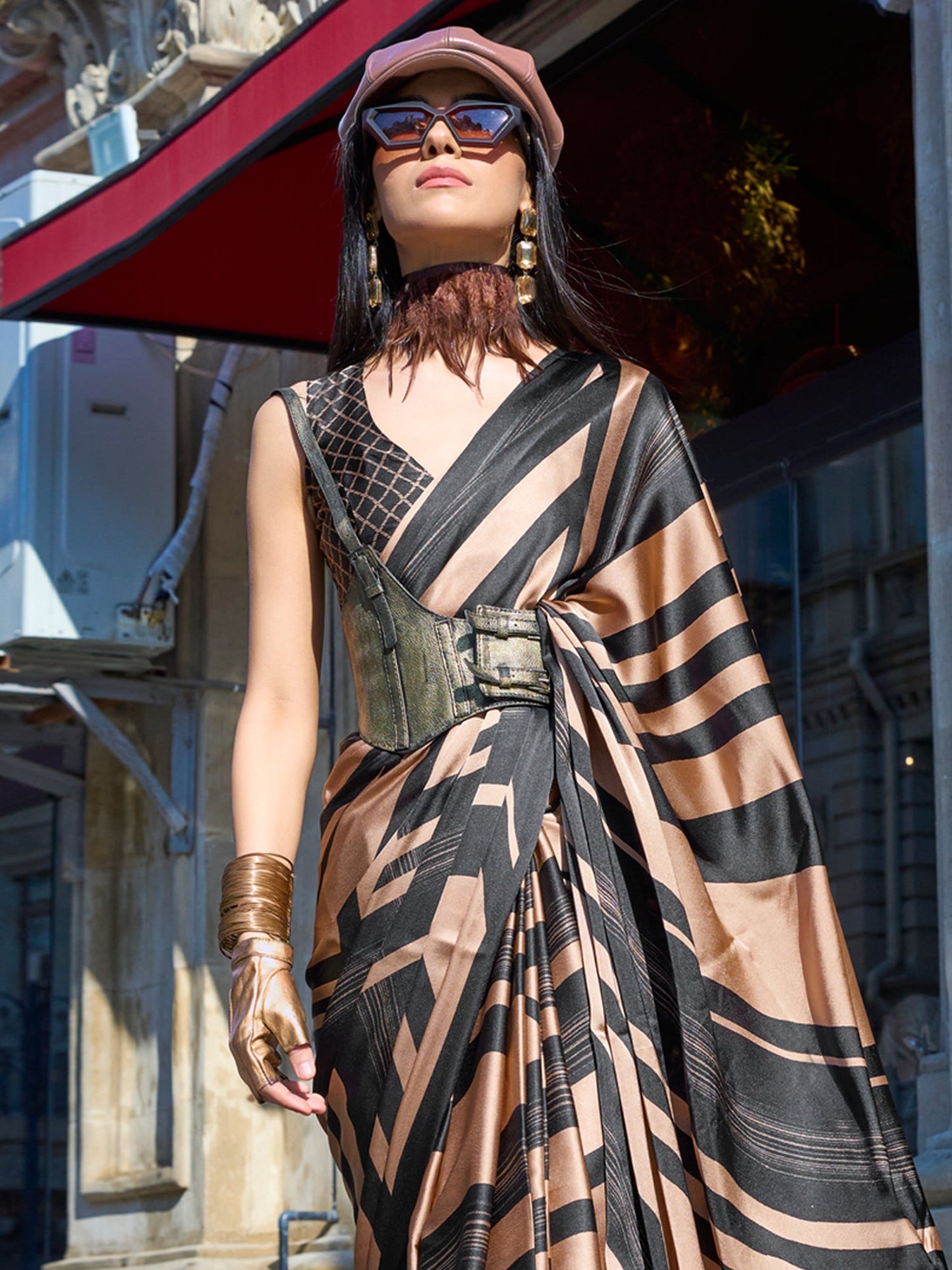 Women's Satin Brown Printed Designer Saree With Blouse Piece