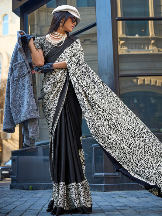 Women's Satin Black Printed Designer Saree With Blouse Piece