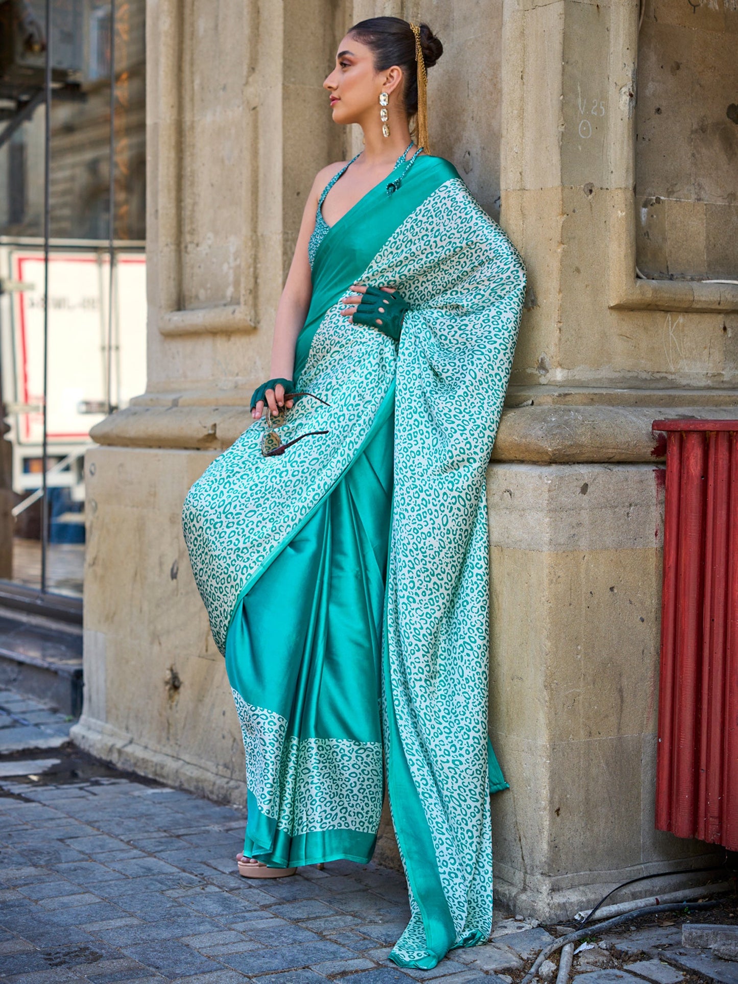 Women's Satin Teal blue Printed Designer Saree With Blouse Piece