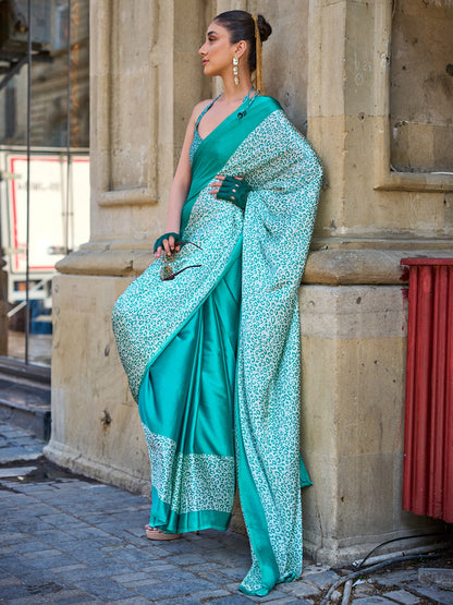 Women's Satin Teal blue Printed Designer Saree With Blouse Piece