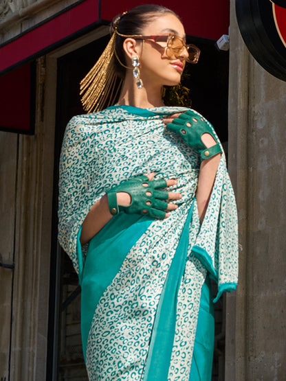Women's Satin Teal blue Printed Designer Saree With Blouse Piece