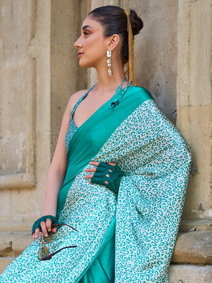 Women's Satin Teal blue Printed Designer Saree With Blouse Piece