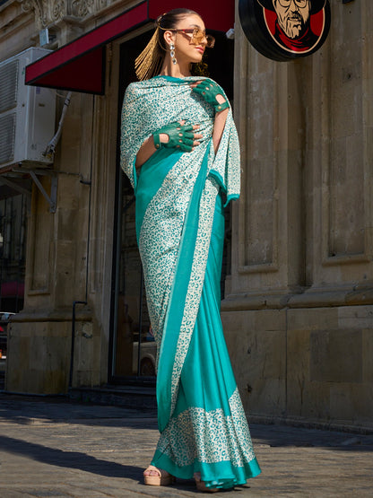 Women's Satin Teal blue Printed Designer Saree With Blouse Piece