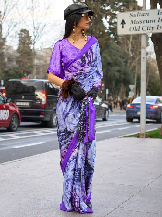 Women's Satin Lavendar Printed Designer Saree With Blouse Piece