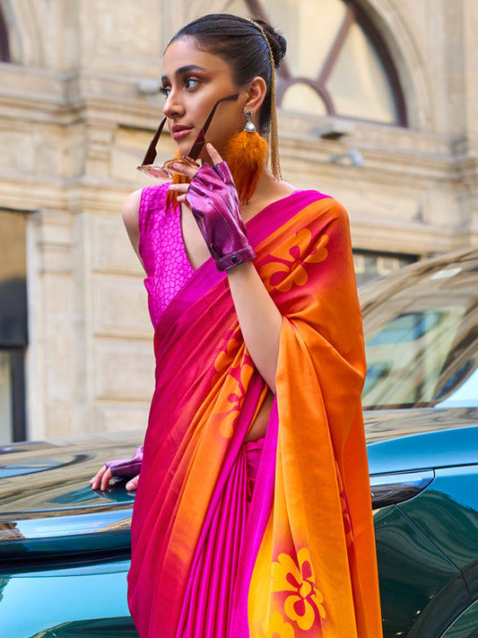Women's Satin Pink Printed Designer Saree With Blouse Piece
