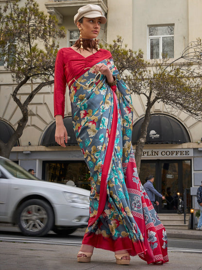 Women's Satin Grey Printed Designer Saree With Blouse Piece