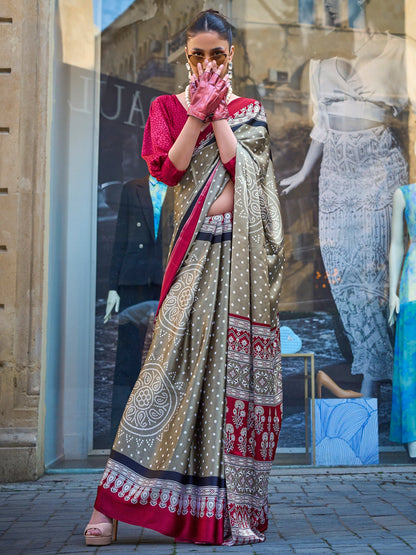 Women's Satin Olive Printed Designer Saree With Blouse Piece