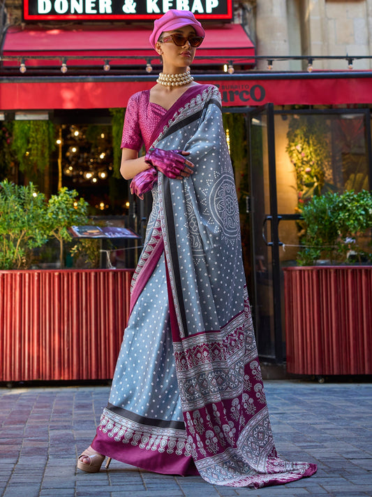 Women's Satin Grey Printed Designer Saree With Blouse Piece