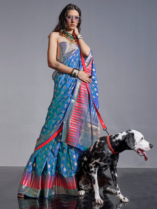 Women's Silk Blend Teal blue Woven Design Handloom Saree With Blouse Piece