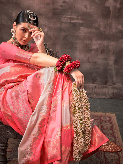 Women's Silk Blend Peach Woven Design Designer Saree With Blouse Piece